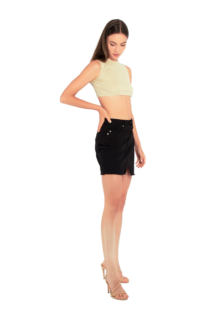 Black Split Front Denim Mini Skirt