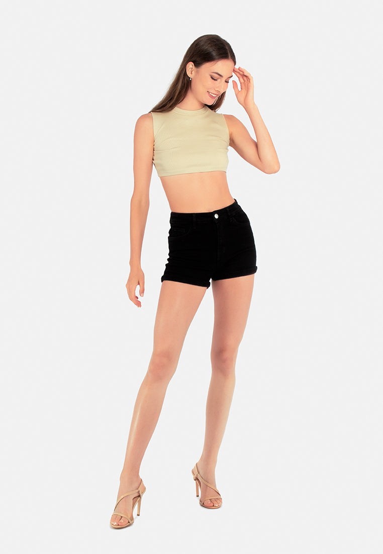 women high waist rolled hem shorts#color_black