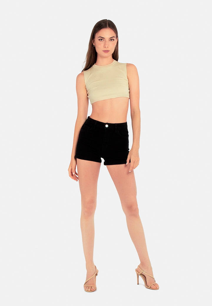 women high waist rolled hem shorts#color_black