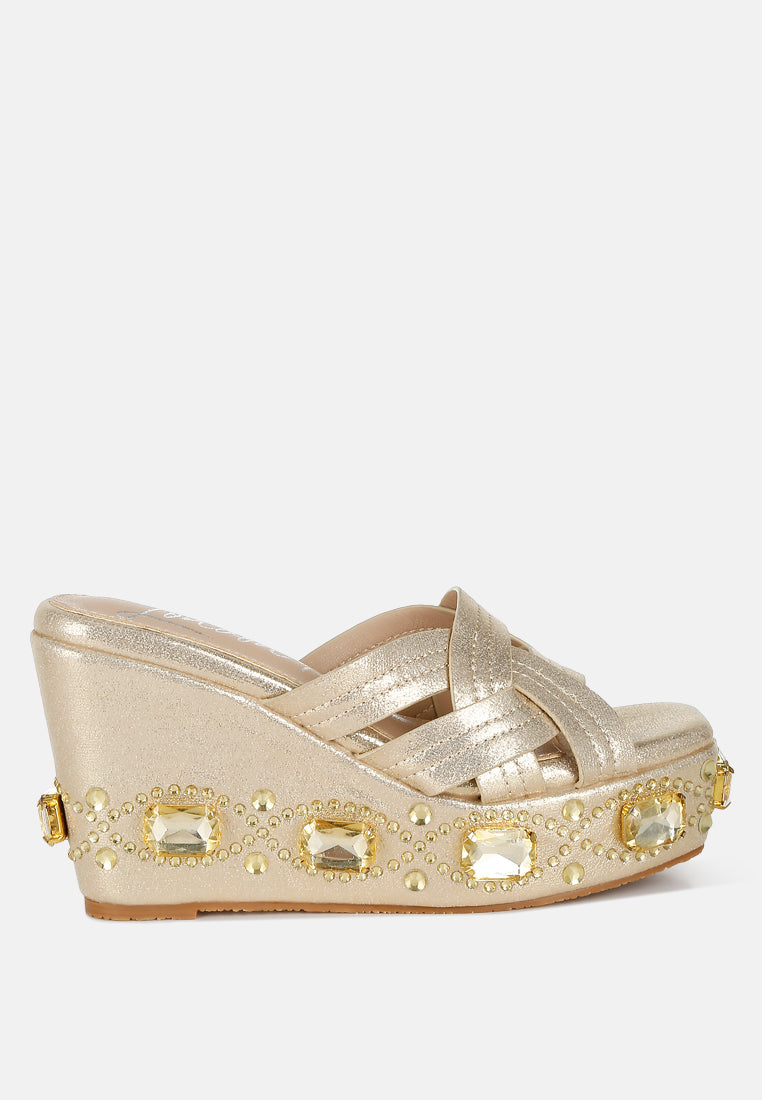 chunky diamante & rhinestone cut-out sandals#colur_gold
