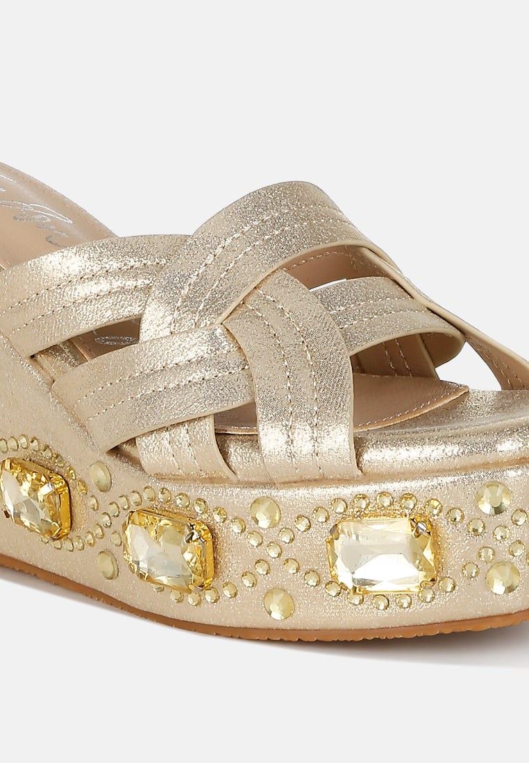 chunky diamante & rhinestone cut-out sandals#colur_gold