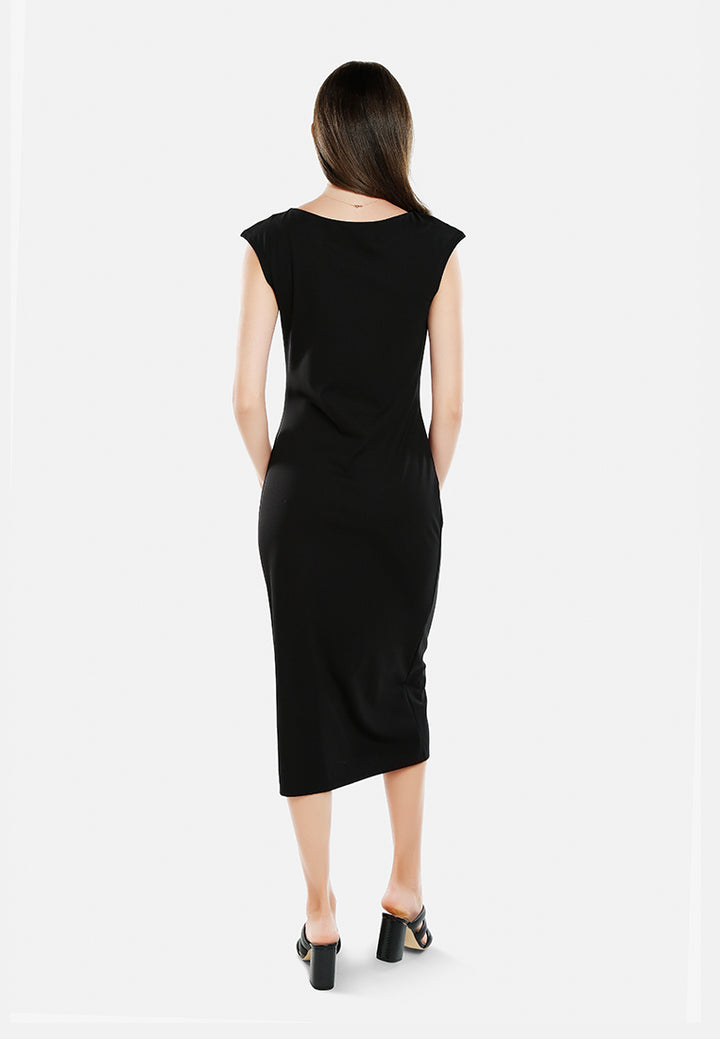 women boat neck long dress#color_black
