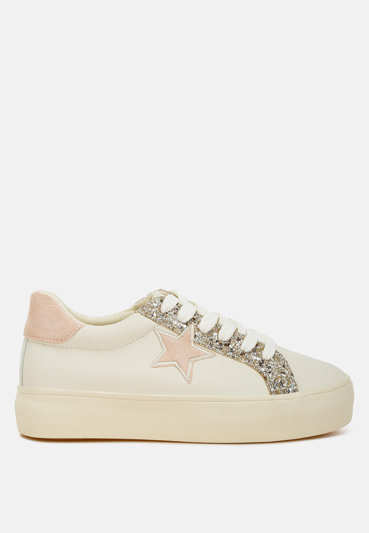 women metallic star glitter sneakers#color_beige