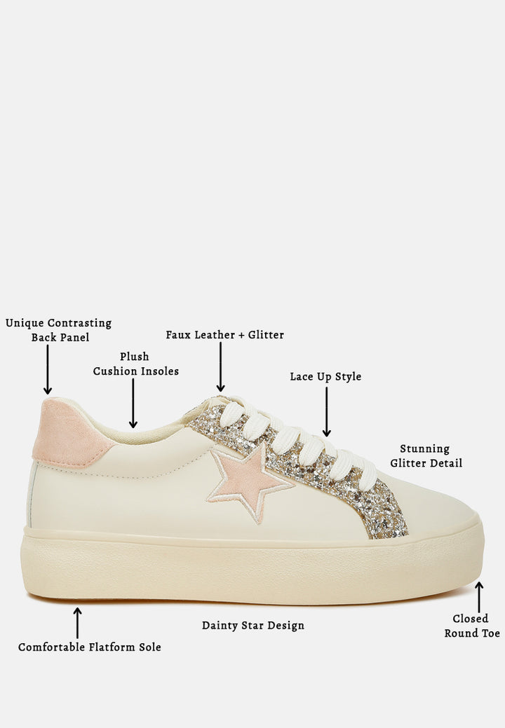 women metallic star glitter sneakers#color_beige