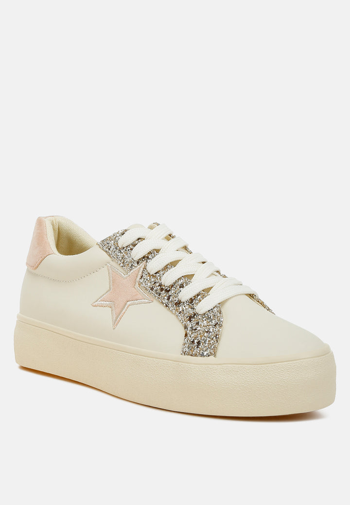 women metallic star glitter sneakers#color_beige