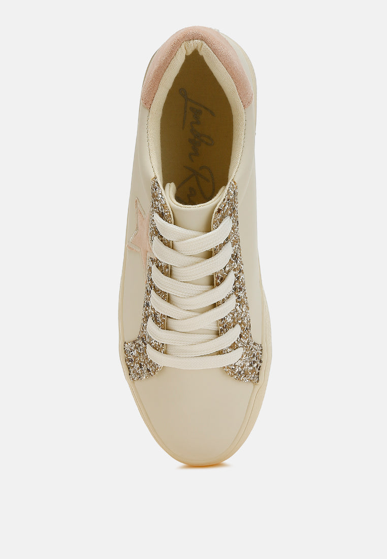 women metallic star glitter sneakers#color_beige