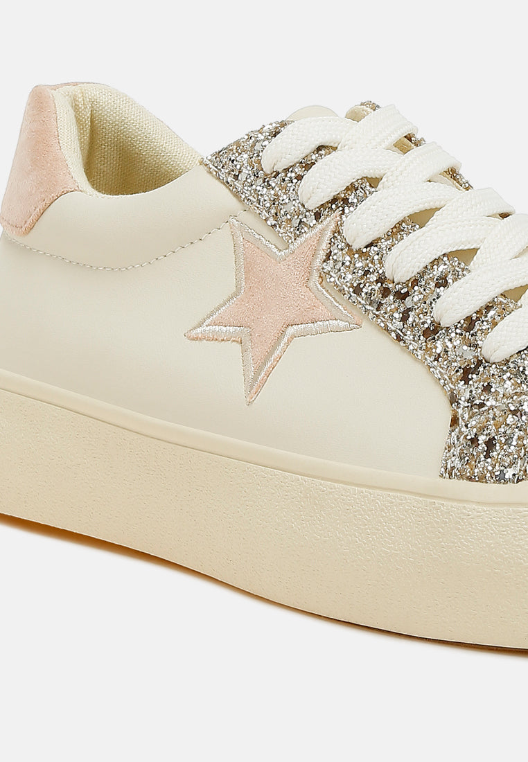 women metallic star glitter sneakers#color_beige