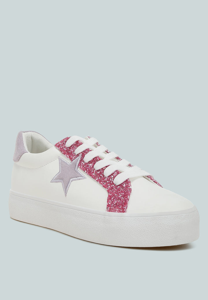 women metallic star glitter sneakers#color_white