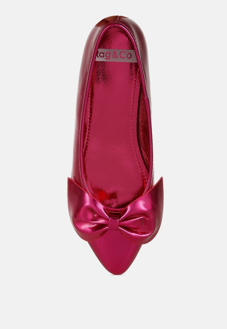 women metallic pleather bow ballerinas#color_fuchsia