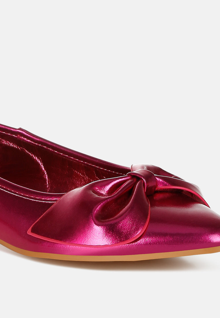 women metallic pleather bow ballerinas#color_fuchsia