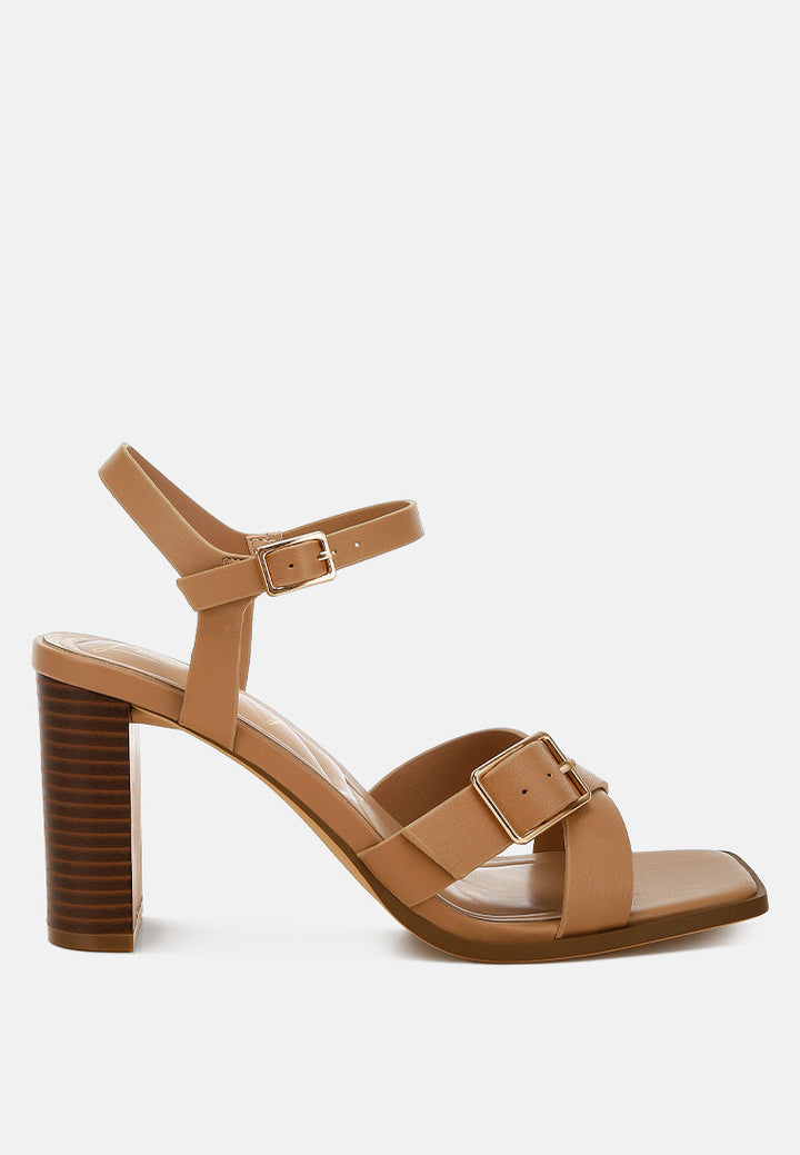 women buckle detail faux leather sandals#color_tan