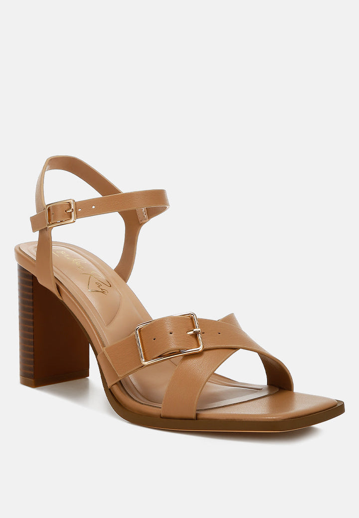 women buckle detail faux leather sandals#color_tan