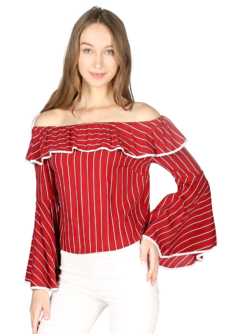 Women Burgundy Stripe Off Shoulder Flared Sleeve Top