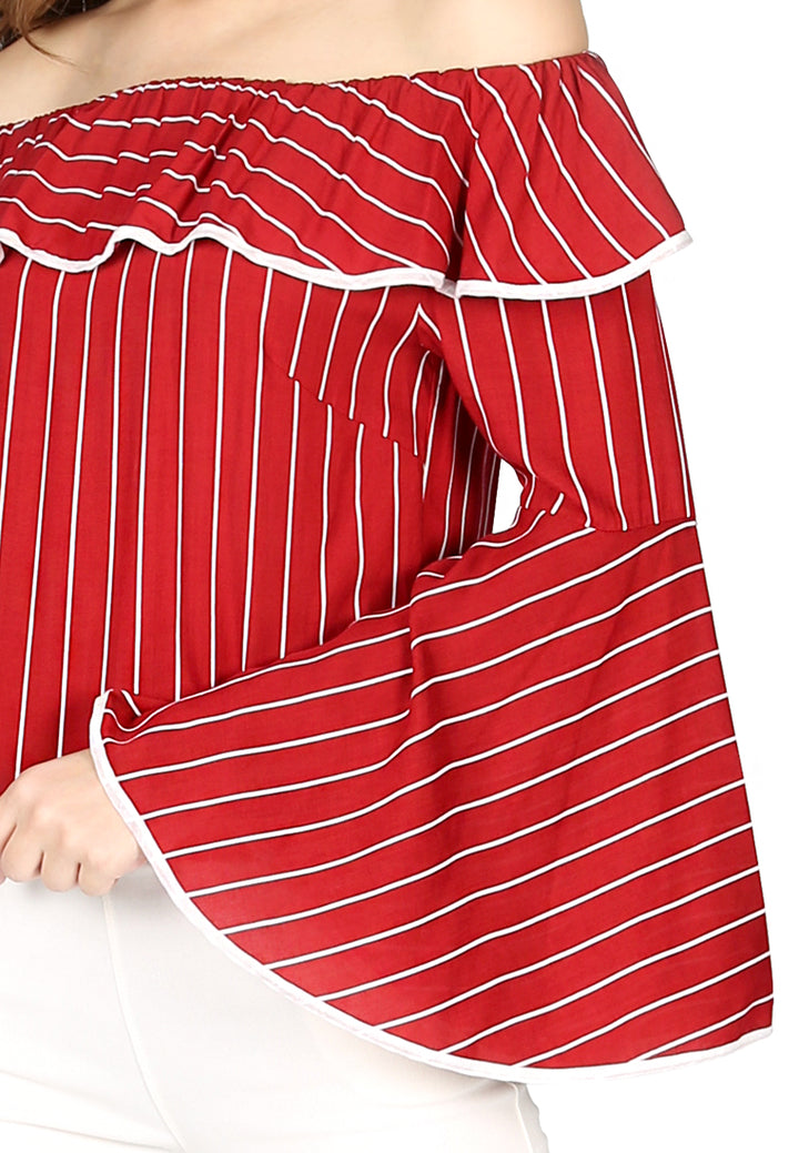 Women Burgundy Stripe Off Shoulder Flared Sleeve Top