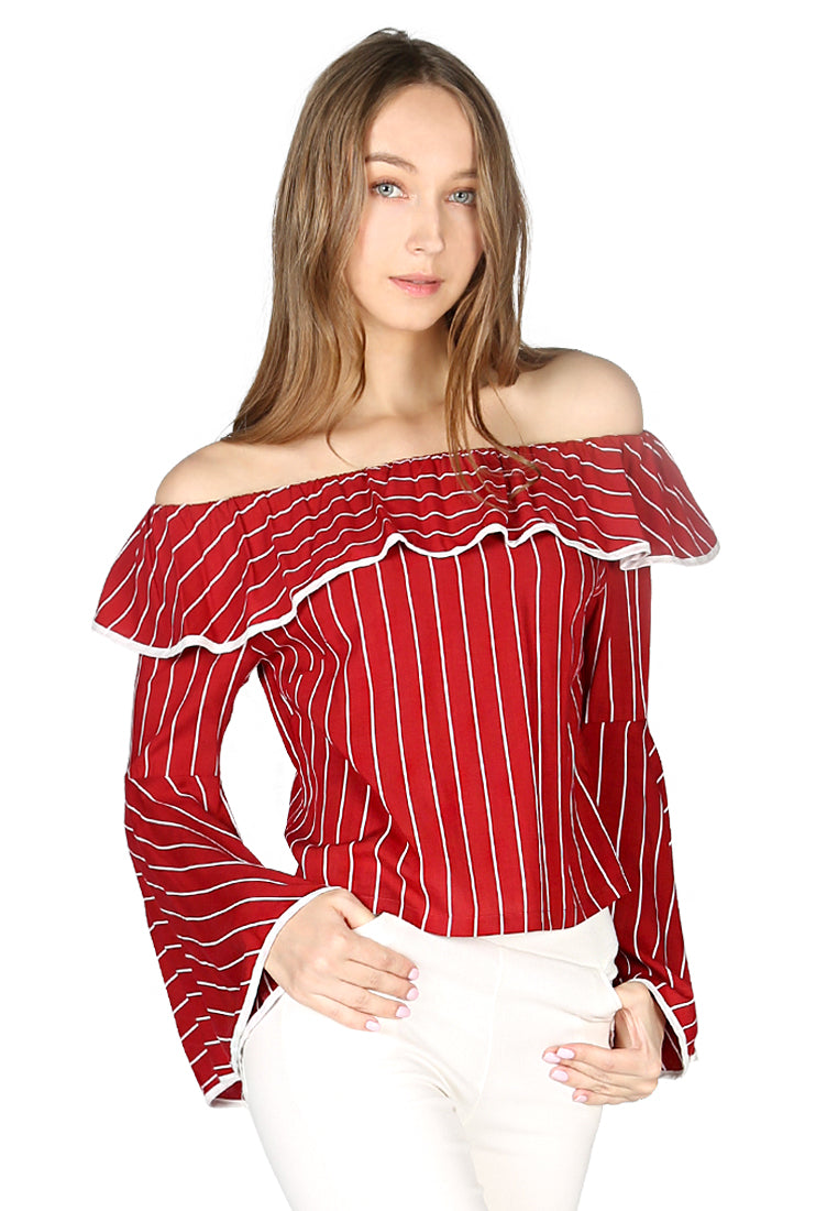 Women Burgundy Stripe Off Shoulder Flared Sleeve Top