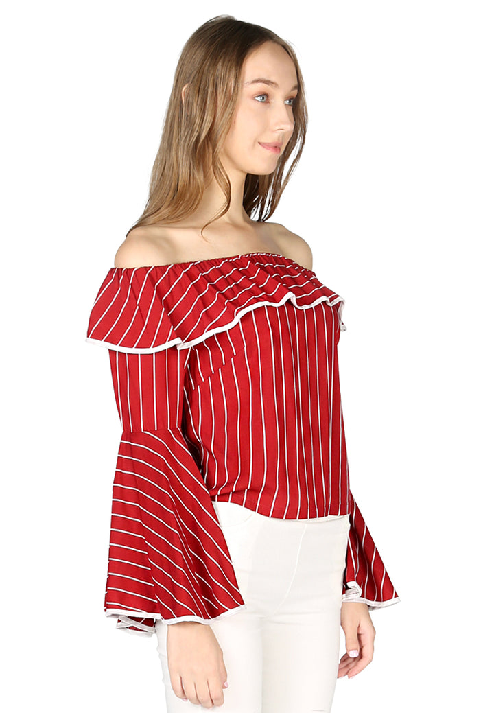 Women Burgundy Stripe Off Shoulder Flared Sleeve Top