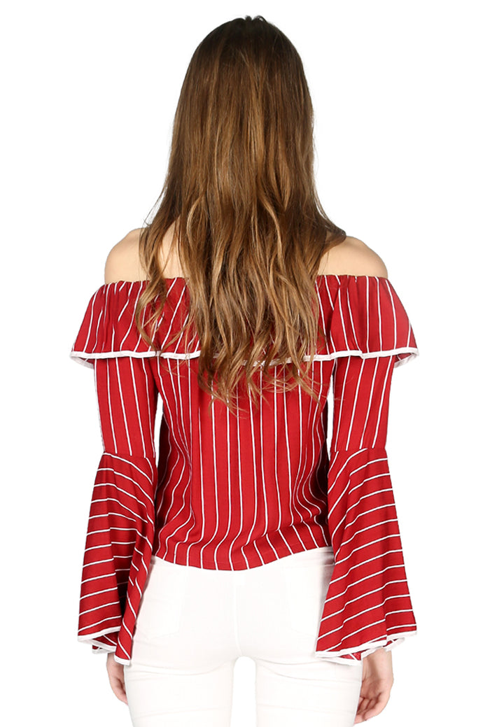 Women Burgundy Stripe Off Shoulder Flared Sleeve Top