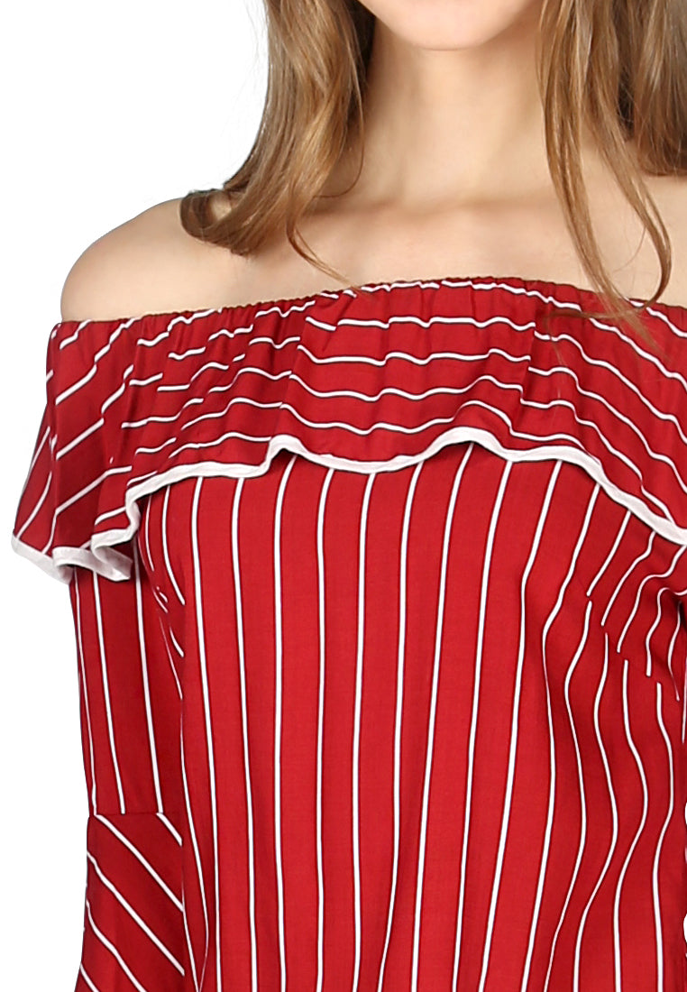 Women Burgundy Stripe Off Shoulder Flared Sleeve Top