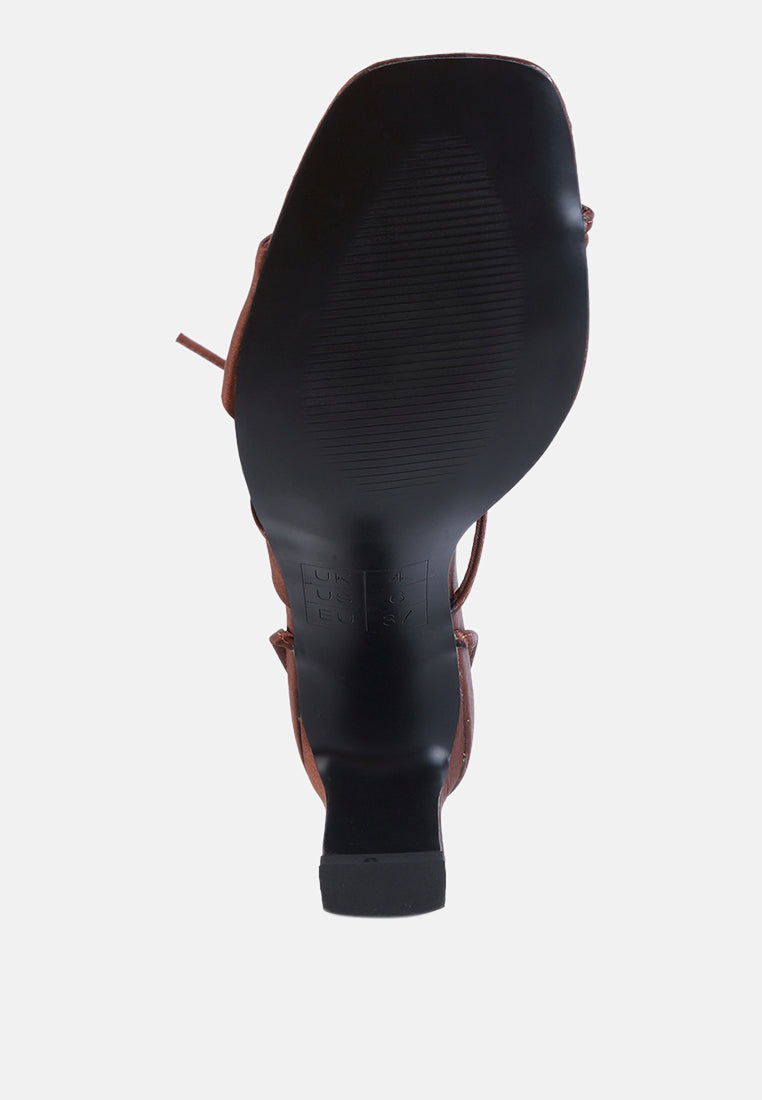 women ruched satin tie up block heeled sandals#color_tan