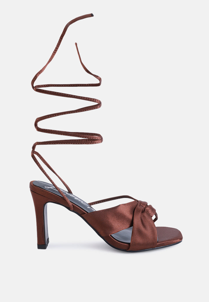 women ruched satin tie up block heeled sandals#color_tan