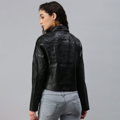 pu collared biker jacket#color_black