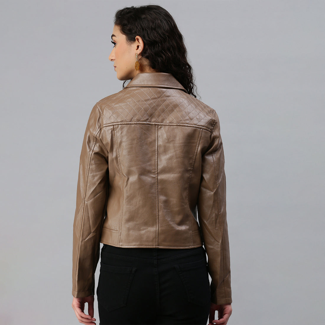 pu collared biker jacket#color_brown