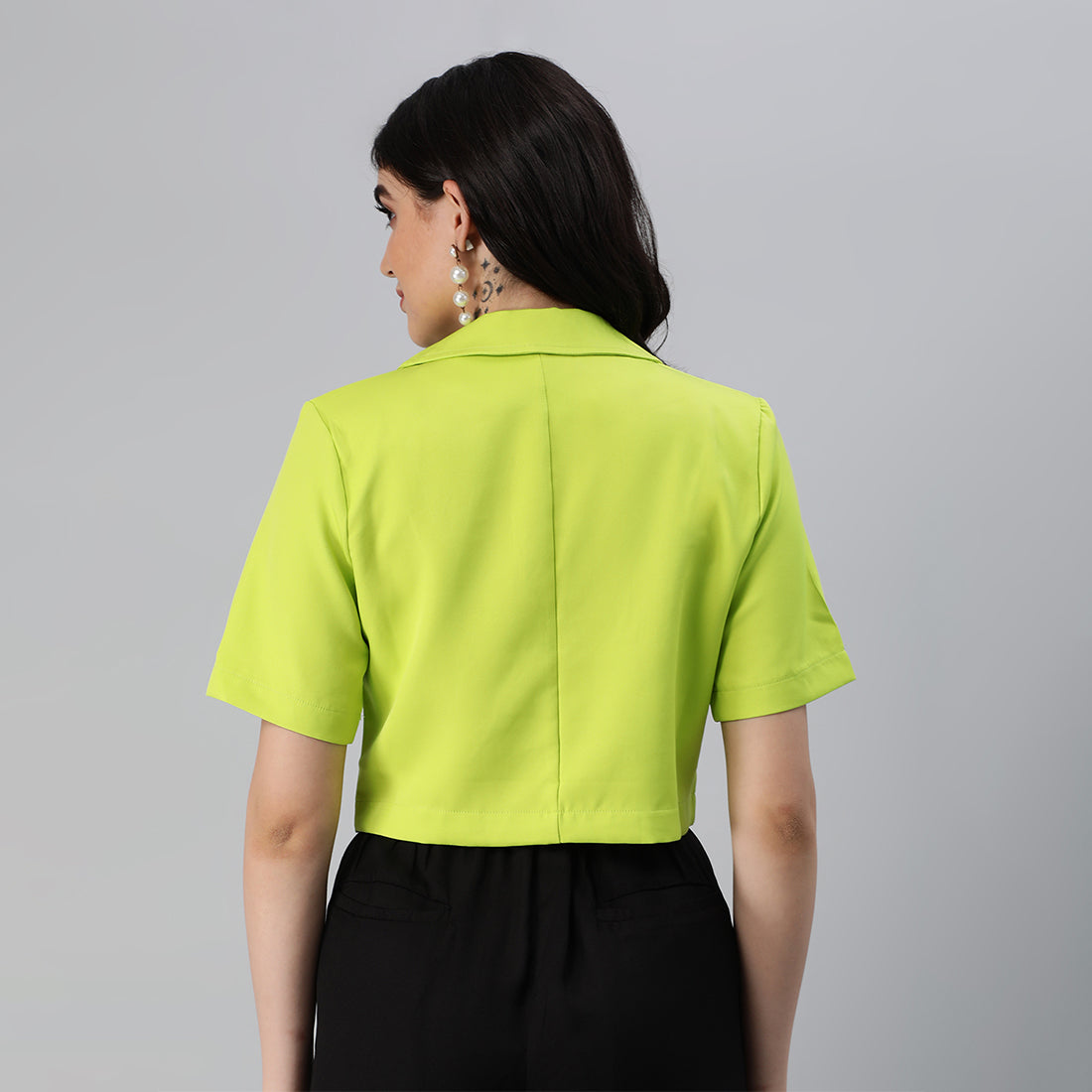 short sleeved cropped blazer jacket#color_lime-green