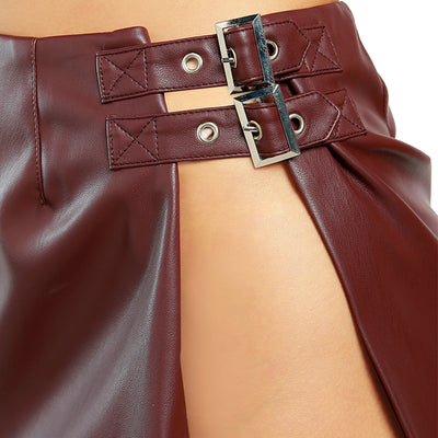buckle belted mini skirt with a slit#color_brown