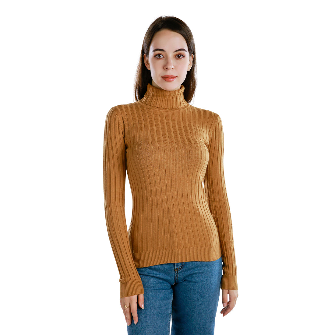 turtleneck ribbed knit sweater top#color_camel