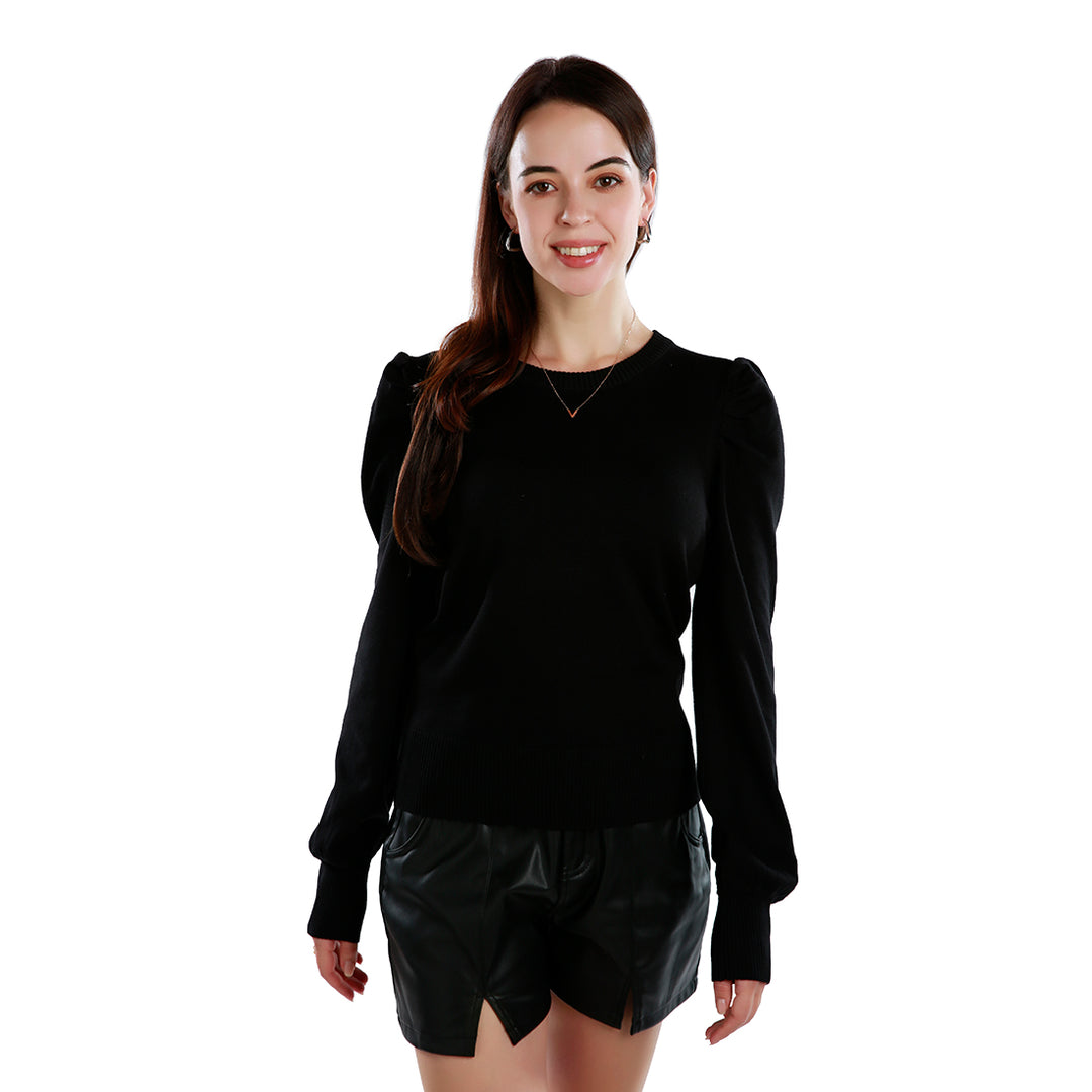 women mock neck puff sleeve sweater#color_black