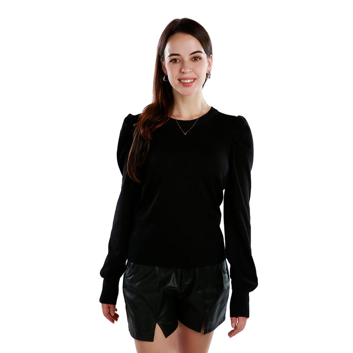 women mock neck puff sleeve sweater#color_black