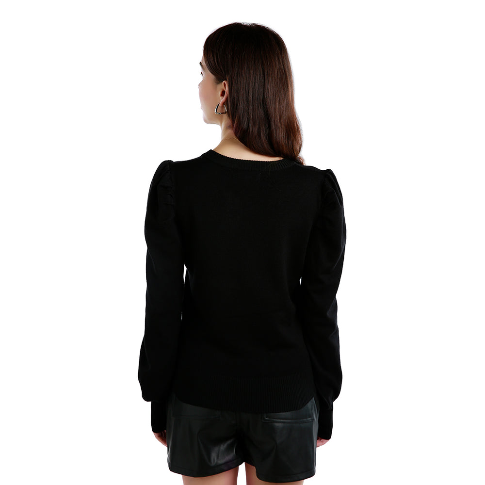 women mock neck puff sleeve sweater#color_black