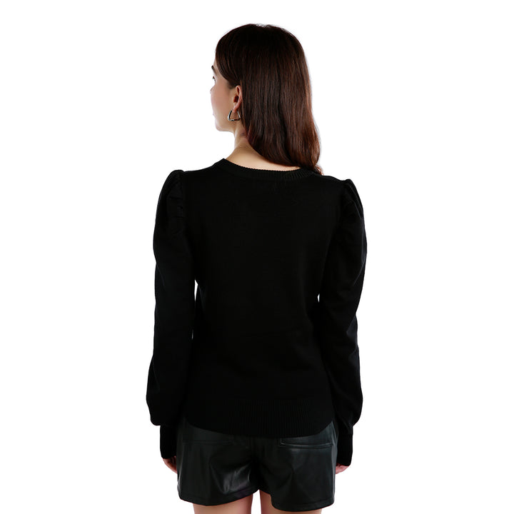 women mock neck puff sleeve sweater#color_black