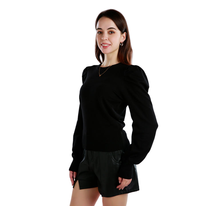 women mock neck puff sleeve sweater#color_black