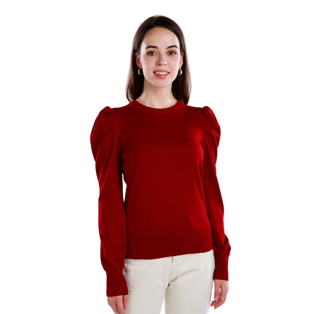 women mock neck puff sleeve sweater#color_burgundy