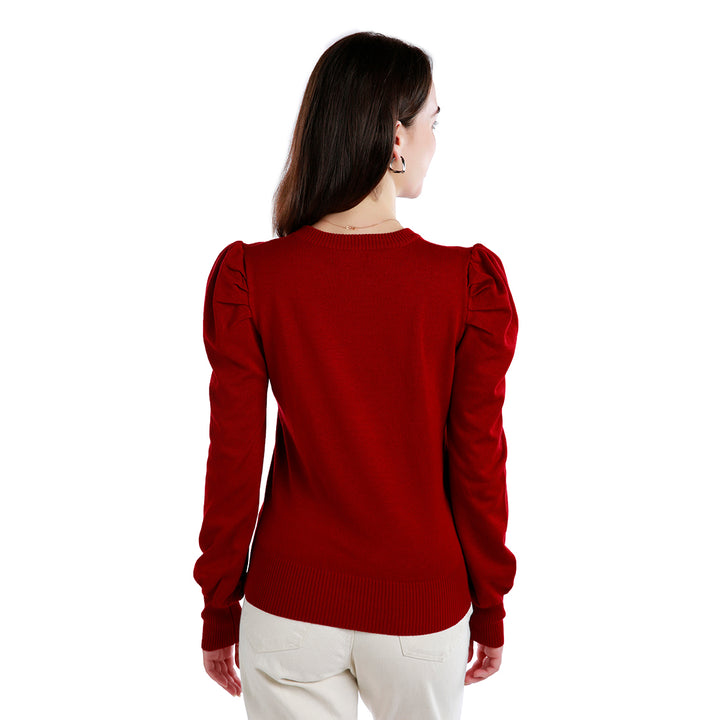 women mock neck puff sleeve sweater#color_burgundy
