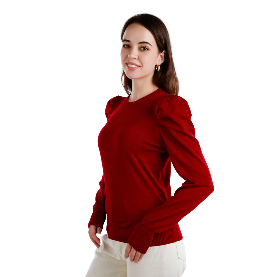 women mock neck puff sleeve sweater#color_burgundy