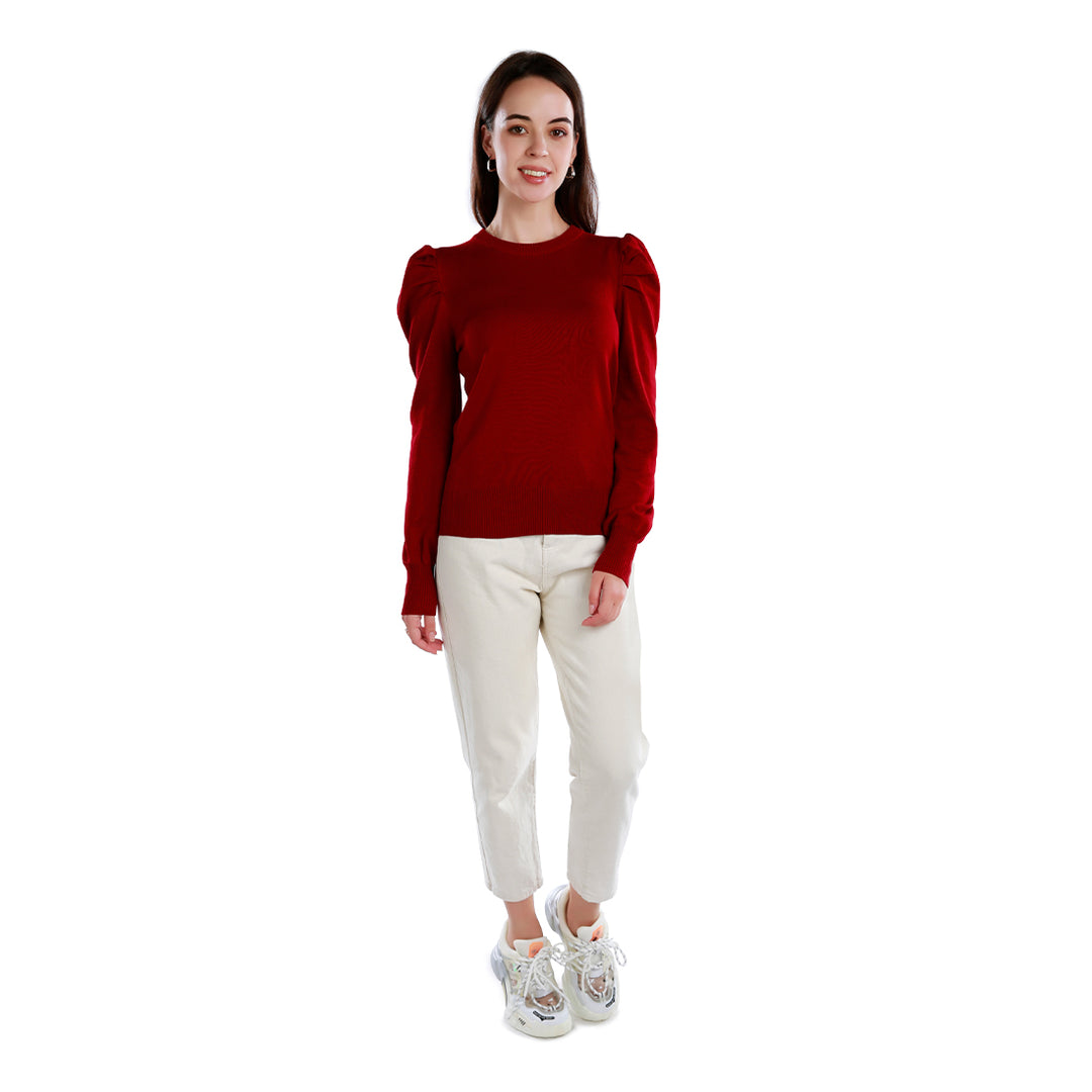 women mock neck puff sleeve sweater#color_burgundy