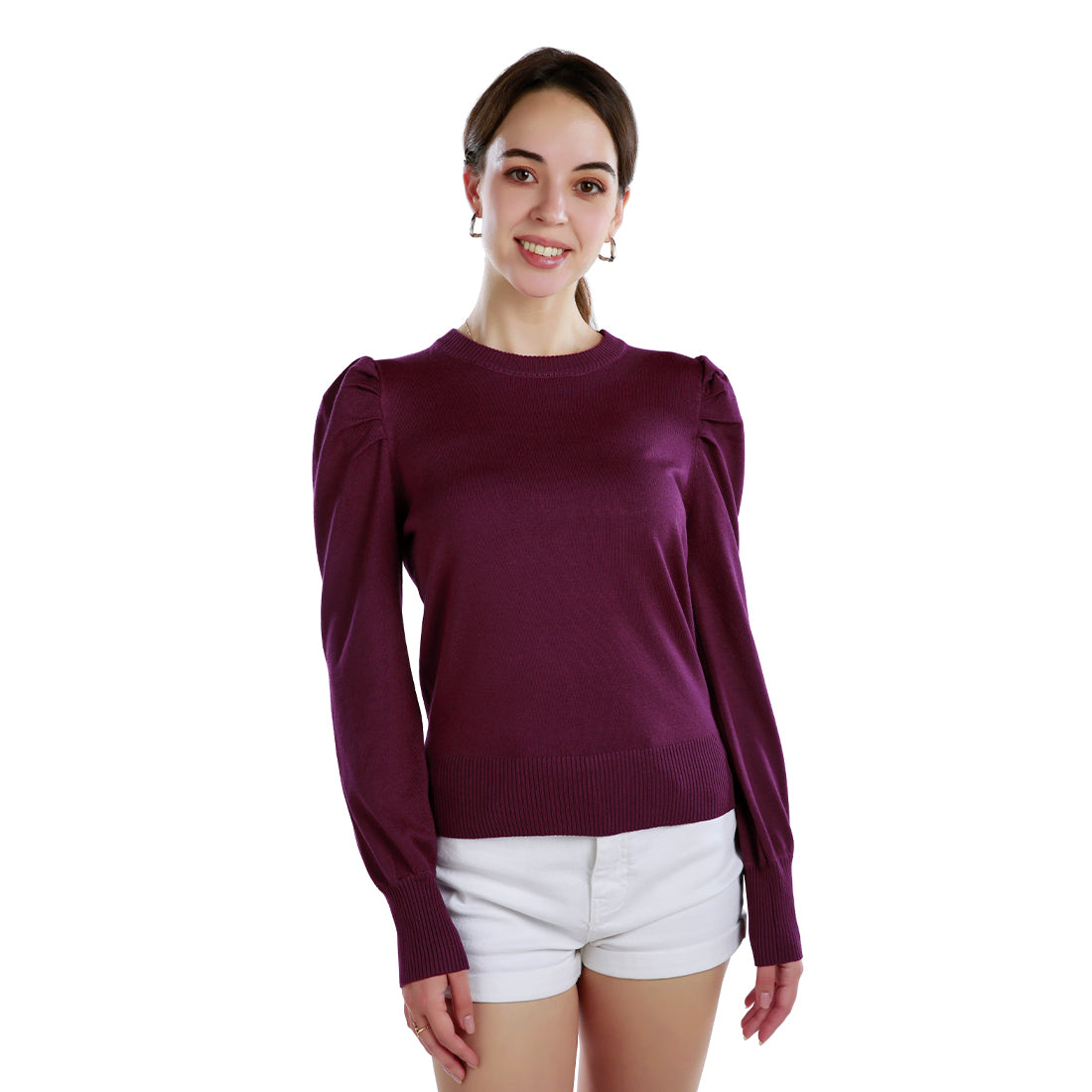Mock Neck Puff Sleeve Sweater#color_purple