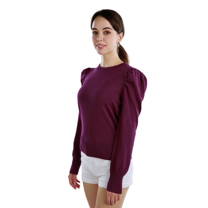 women mock neck puff sleeve sweater#color_plum