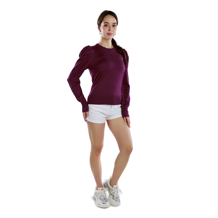 women mock neck puff sleeve sweater#color_plum