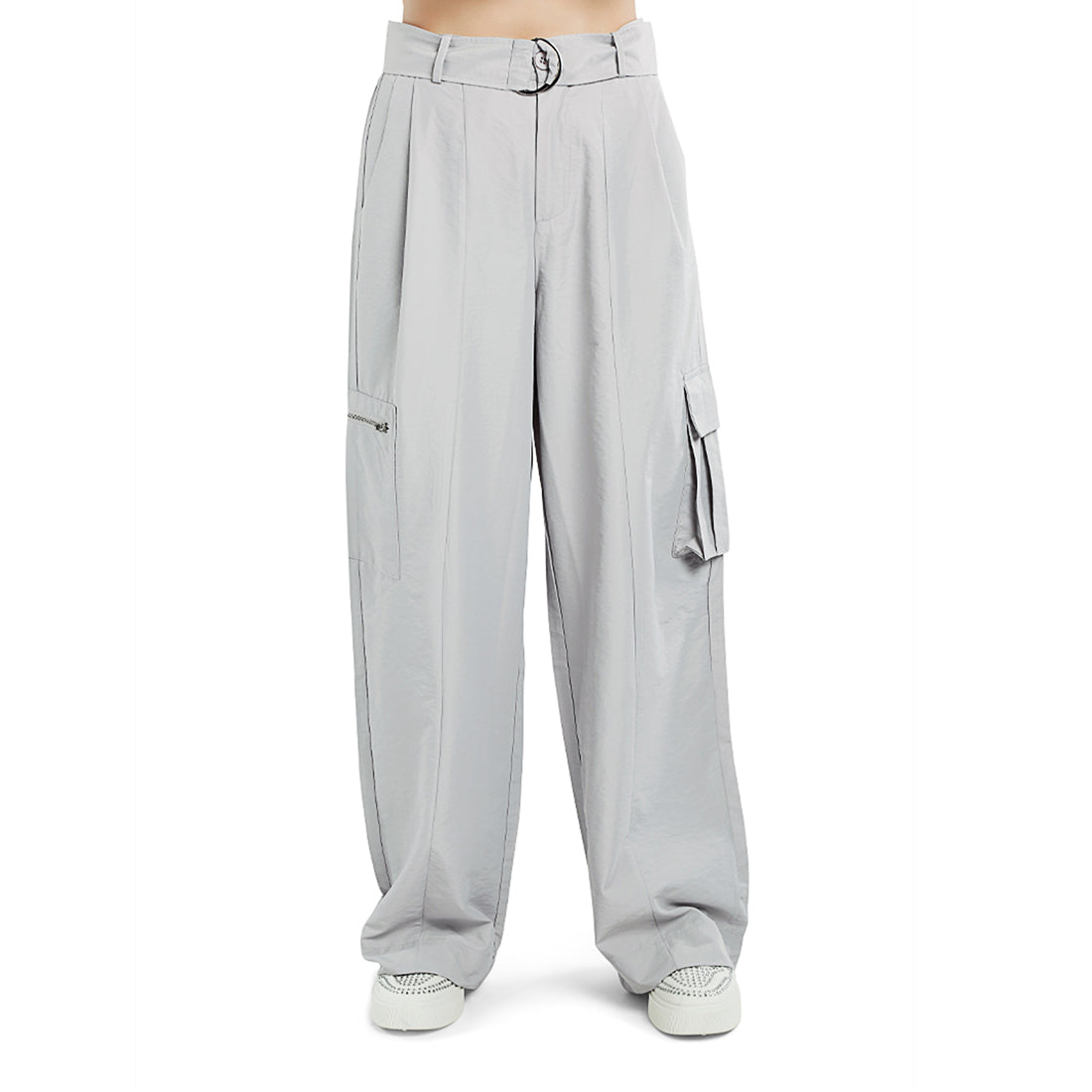relaxed woven cargo pants with belt#color_grey