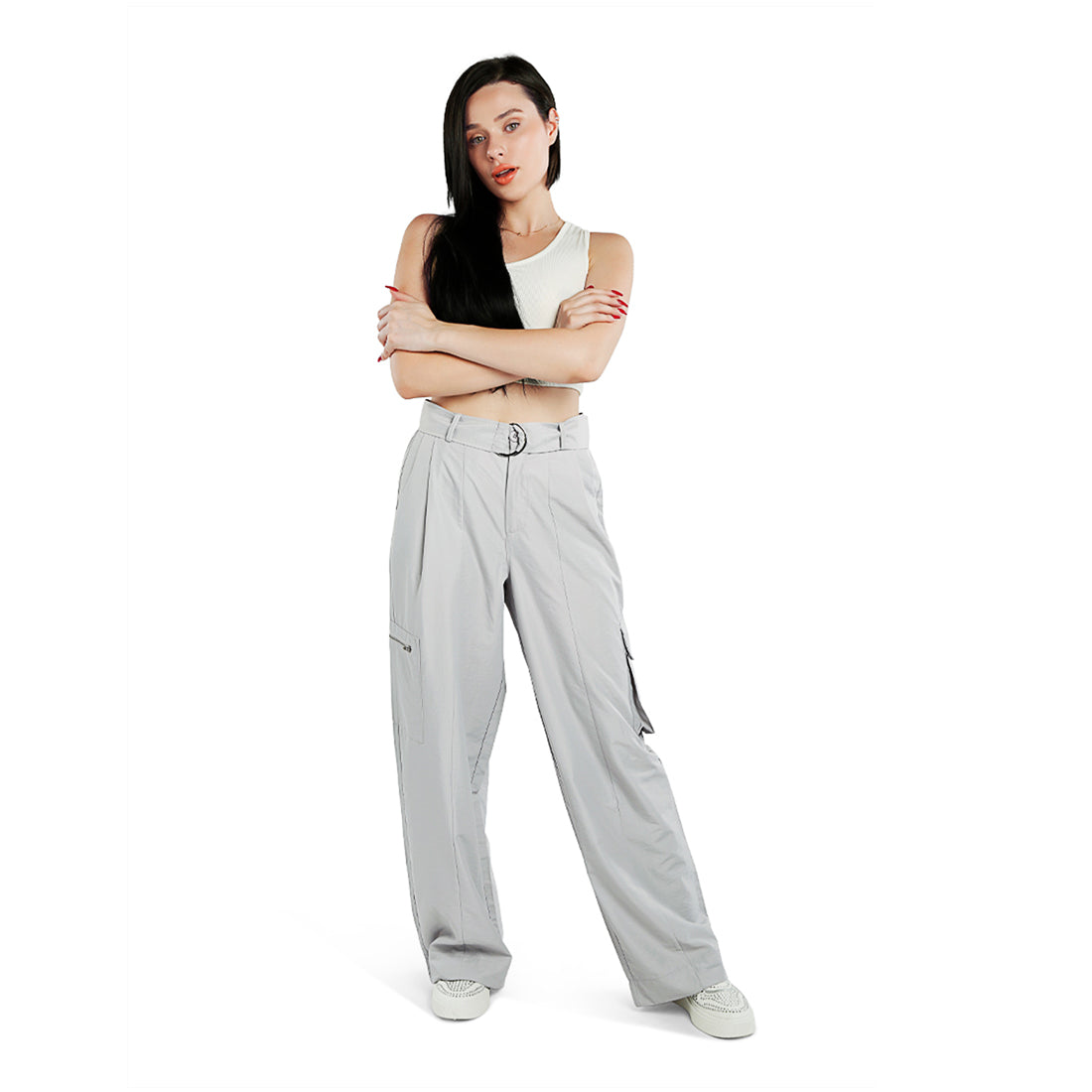 relaxed woven cargo pants with belt#color_grey