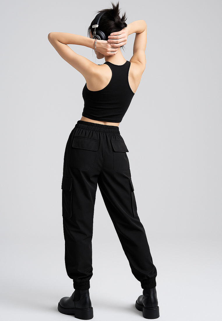 drawstring utility pocket cargo pants#color_black