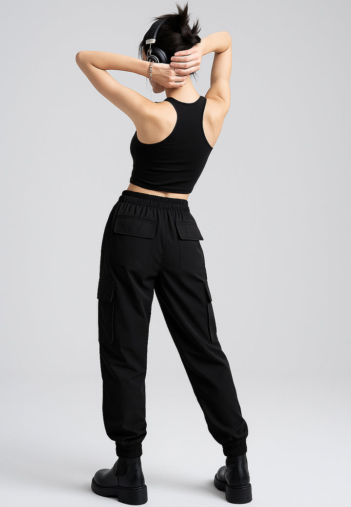 drawstring utility pocket cargo pants#color_black