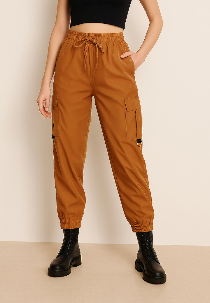 drawstring utility pocket cargo pants#color_brown