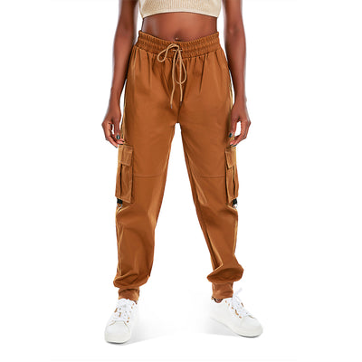 drawstring utility pocket cargo pants#color_brown