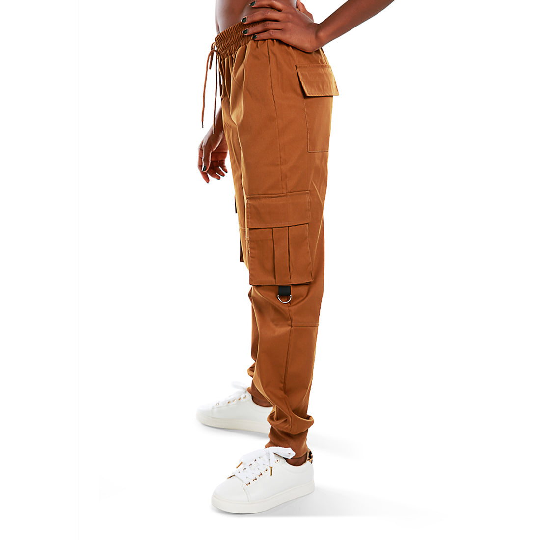 drawstring utility pocket cargo pants#color_brown