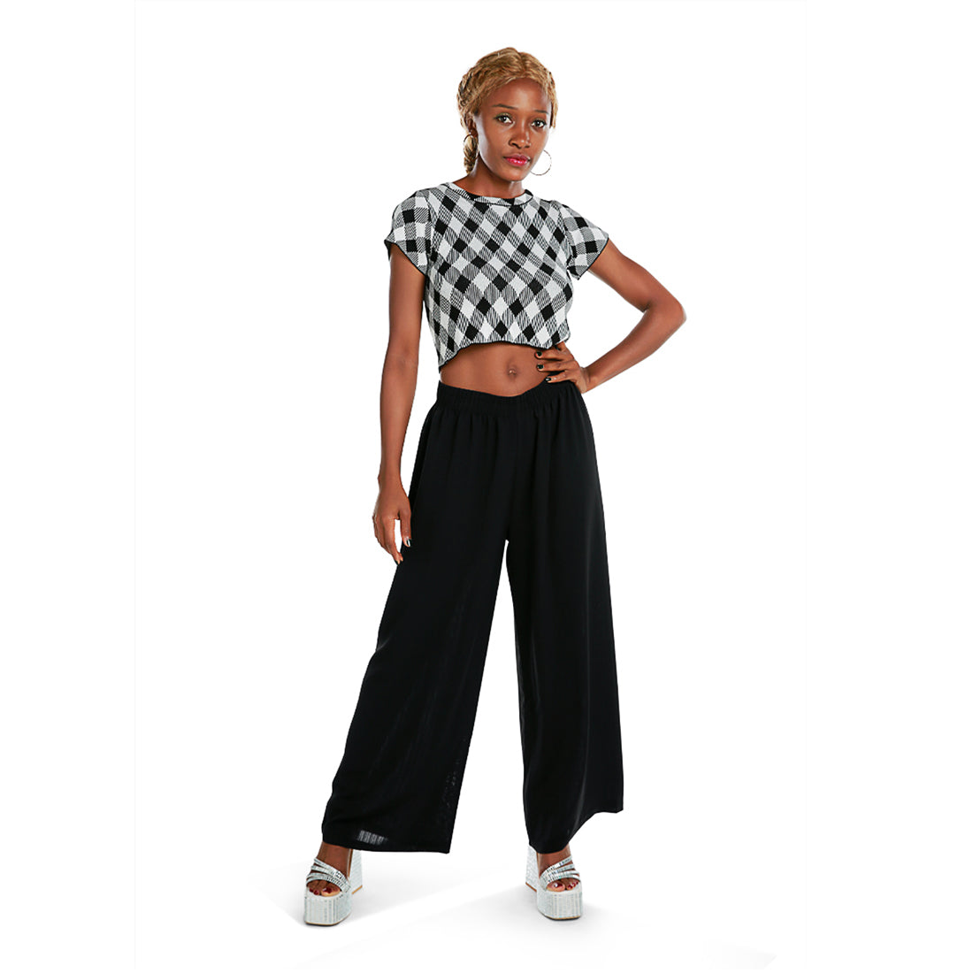 high waisted solid wide trouser pants#color_black