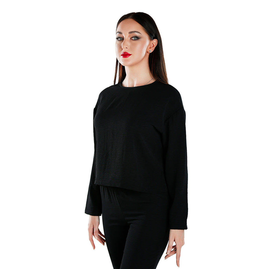 full sleeves top & fitted full pants coord set#color_black